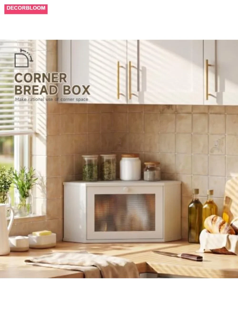 Corner Bamboo Bread Box with Translucent Acrylic Door for Kitchen Countertop